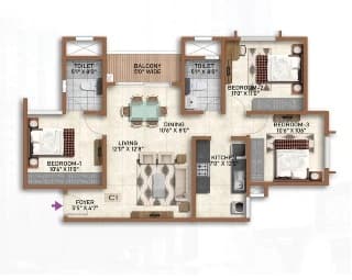 Prestige Jasdan Classic3 BHK Floor Plan