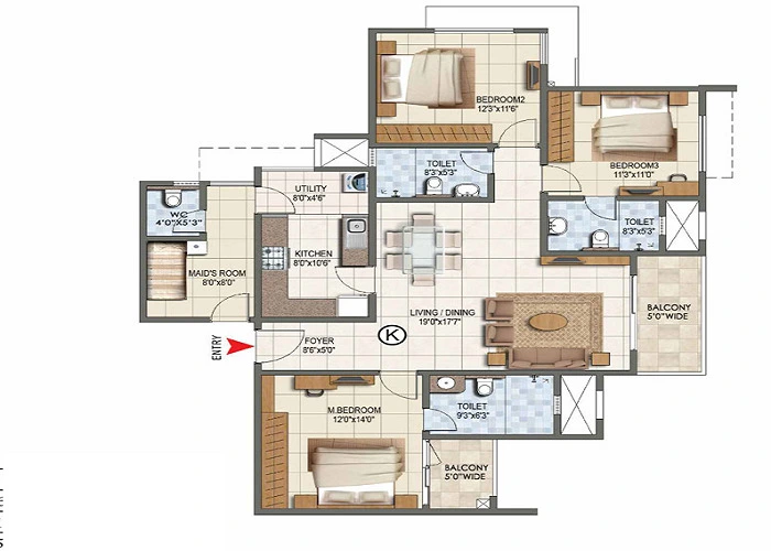 Featured Image of The Prestige City Indirapuram 3 BHK Floor Plan